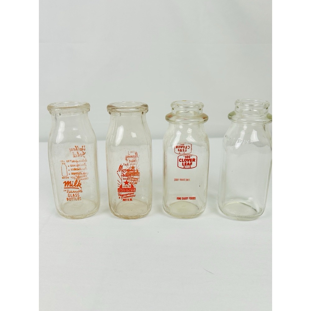 4 Vintage Small Milk Bottles Clover Leaf Morning Star Valley Gold 5.5in Glass